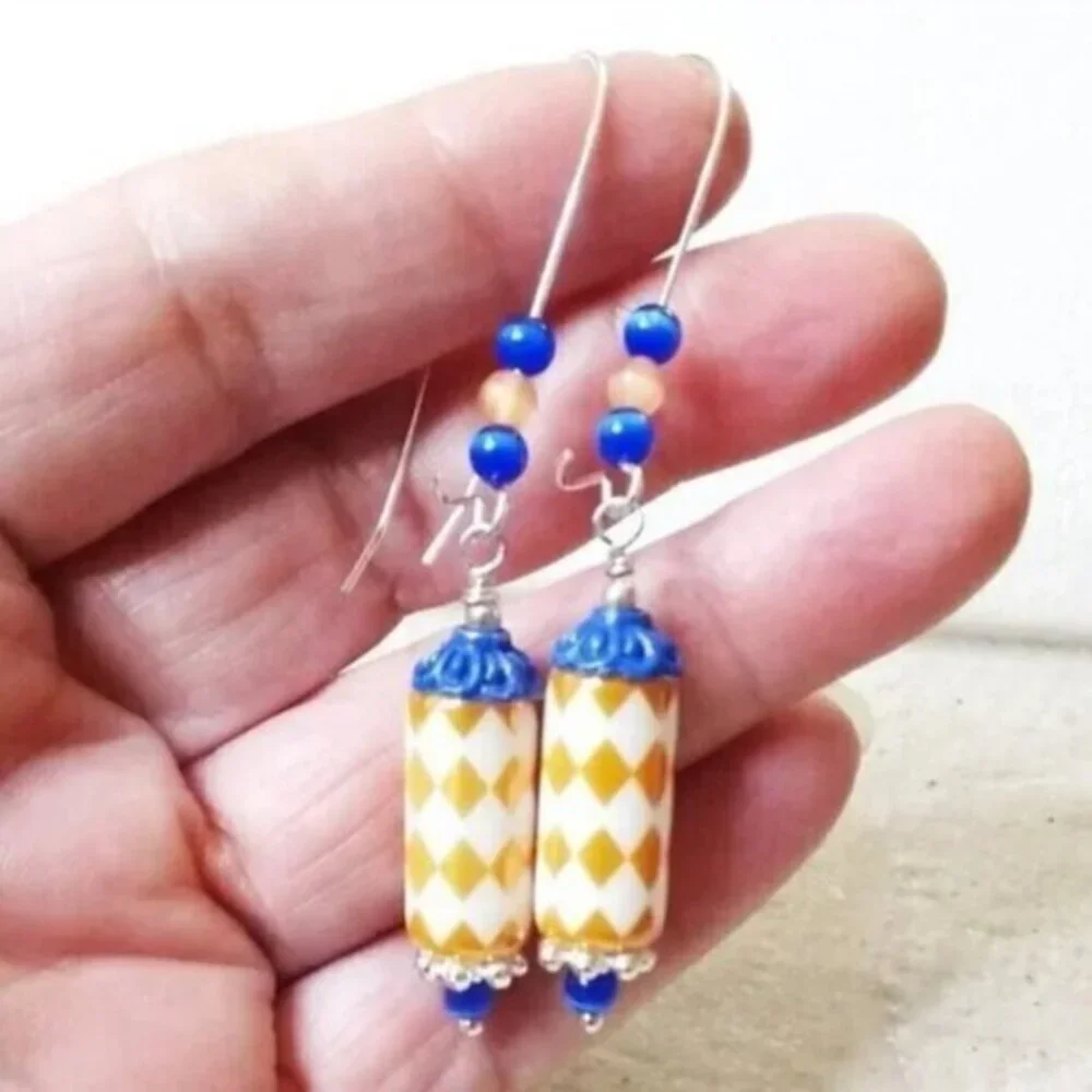 Apricot & Blue Harlequin Earrings • Spunky Summer Vibes • Happy Spring Energy